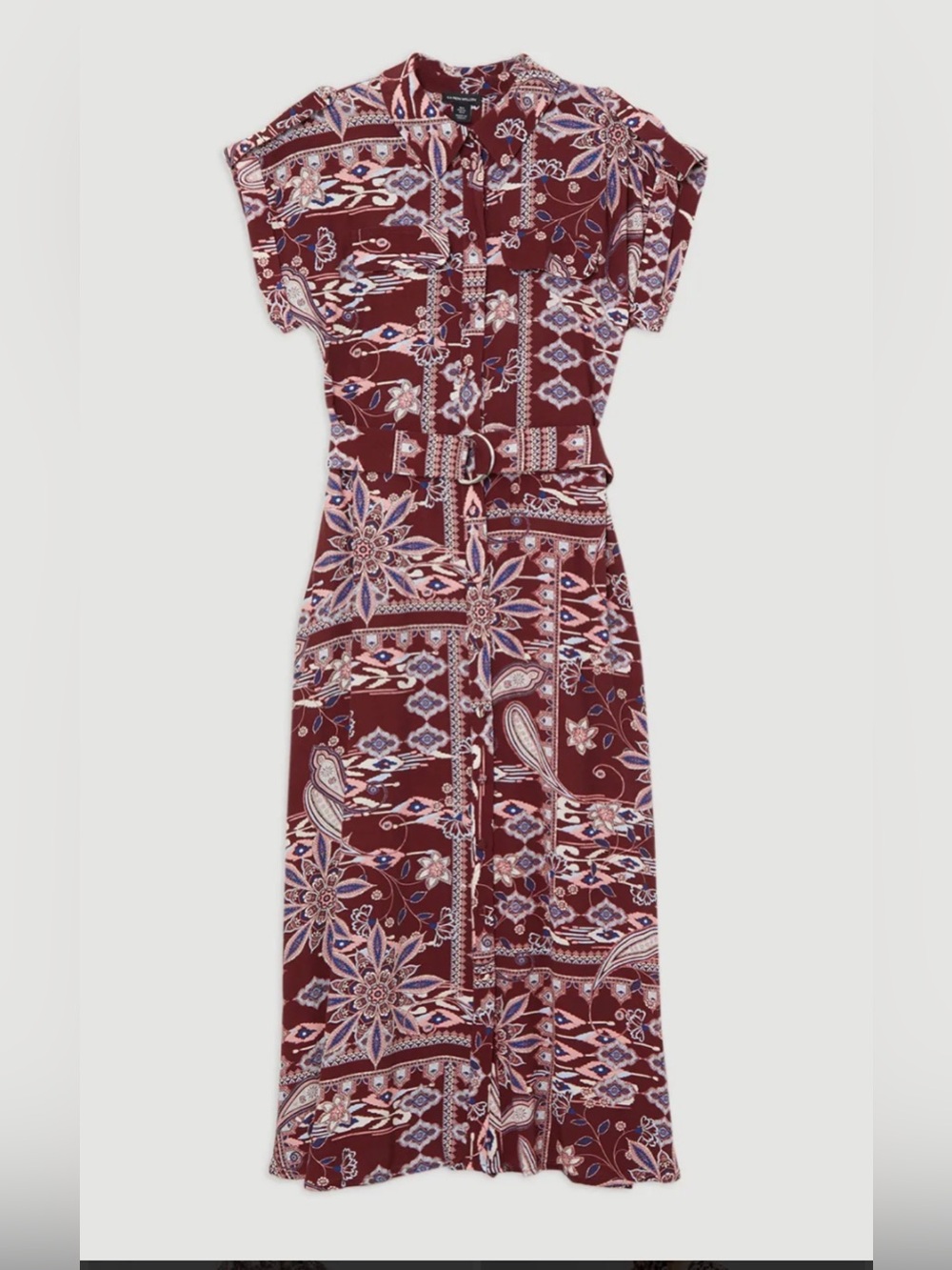 Karen Millen Mixed Print Burgundy Floral Paisley Viscose Crepe Shirt Dress 6